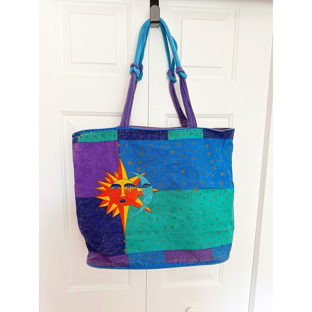Laurel Burch Celestial Sun & Moon Canvas Tote Bag, Blue, Green & Purple